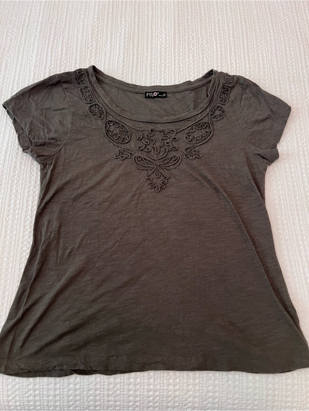 FYLO Olive Embroidered Scoop Neck Short Sleeve Top